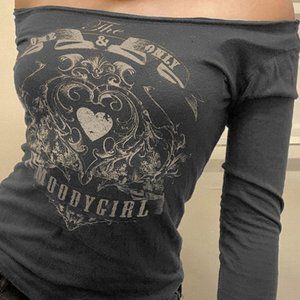 off of the shoulder grey long sleeve women’s top, graphic cool design“moody girl
